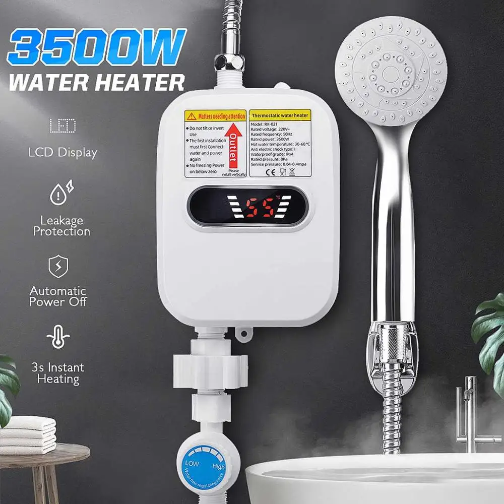 Mini aquecedor de água elétrico quente, 3500w, 220v, sem tanque, torneira de banheiro doméstico com cabeça de chuveiro, display lcd de temperatura