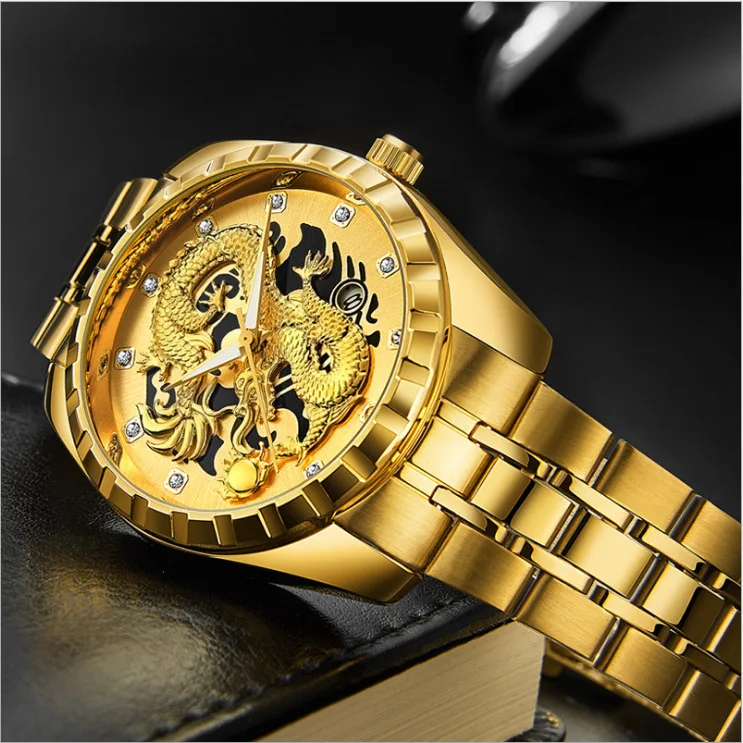 Reloj con estampado de dragón dorado de alta calidad para hombre, reloj con incrustaciones de diamantes, 3D, tridimensional, resistente al agua