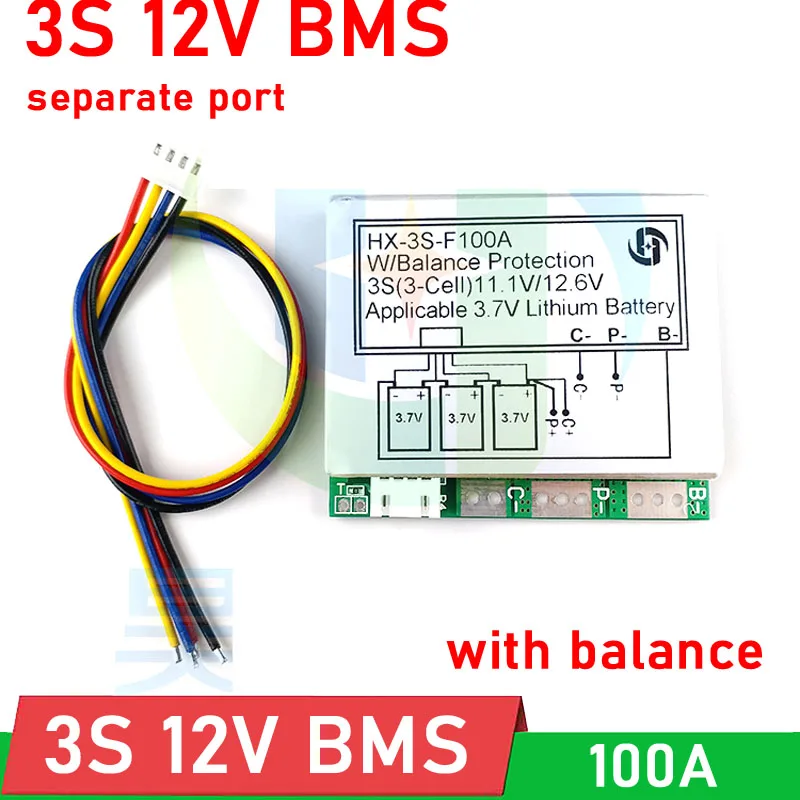 3S 100A BMS with balance 12V 18650 Li-ion lithium battery protection board for 11.1V 12.6V lipo battery cell pack