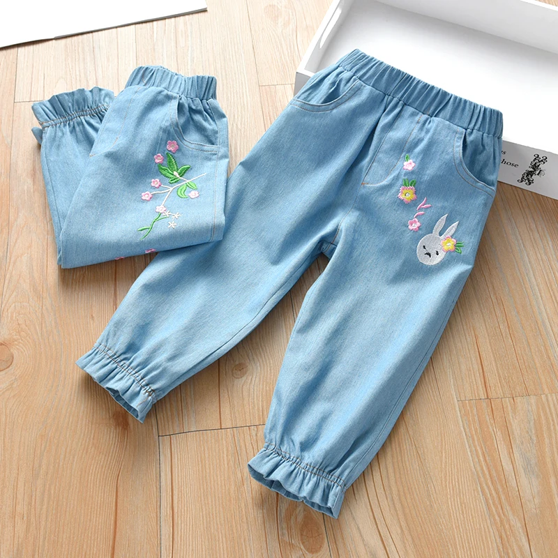 

Casual Children Girl Pants Summer Spring Fashion Baby Soft Cotton Denim Pants Embroidery Kids Sports Trousers For Girls