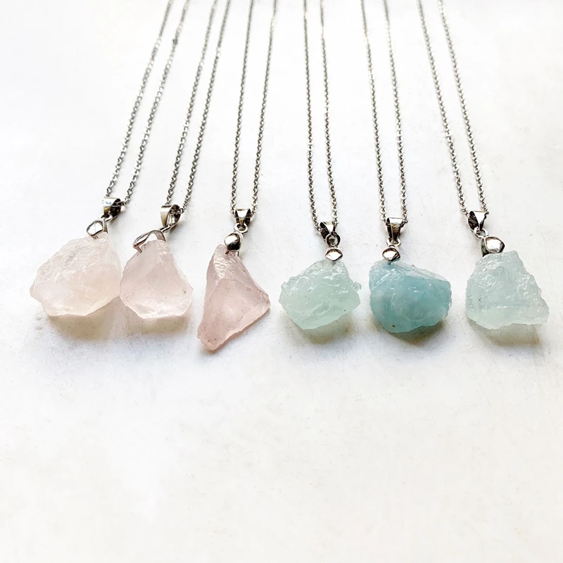 Raw Aquamarines Natural Jewelry Stone Pendant Pink Quartz Rough Stones Necklace Stainless Steel Chain Jewelry New Arrival