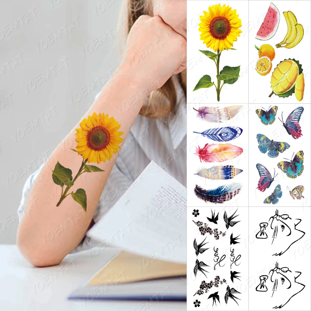 Waterproof Lasting Temporary Tattoo Sticker Sunflower Banana Fruit Feather Butterfly Cat Cute Child Female Flash Tatoo Stickers