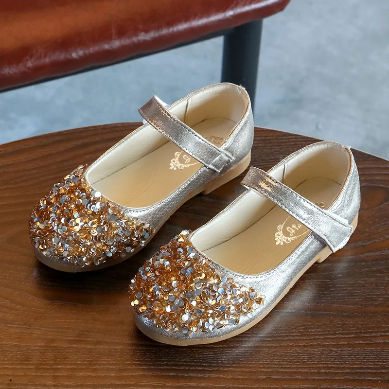 JGVIKOTO Mary Janes Girls Shoes With Rhinestone Fashion Princess Sweet Antiskid Soft Children\'s Flats Kids Glitter Party Shoes