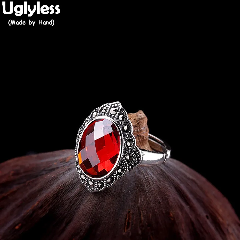 Uglyless Tempting Garnet Red Gemstones Rings for Women Vintage Thai Silver Open Rings Solid 925 Silver Bijoux Fine Jewelry R865