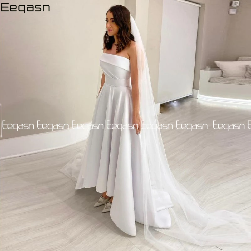 

Simple High Low Satin Wedding Dress Strapless Beach Woman Elegant White Bridal Gowns Vestidos De Novia Gelinlik