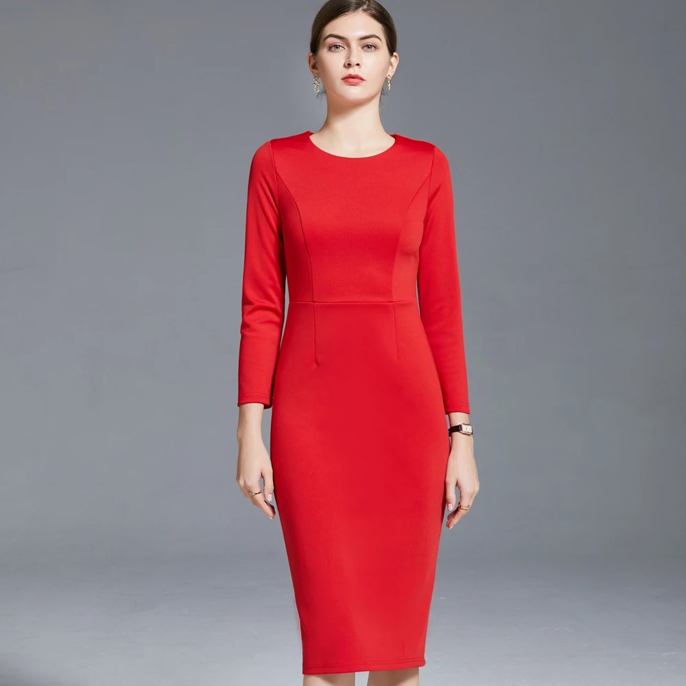 Elastic Waist Slim Pencil Dress, Long Sleeve, Elastic Wrap Hip, Red,, Fit for Business, Office, Korean, Spring, Autumn