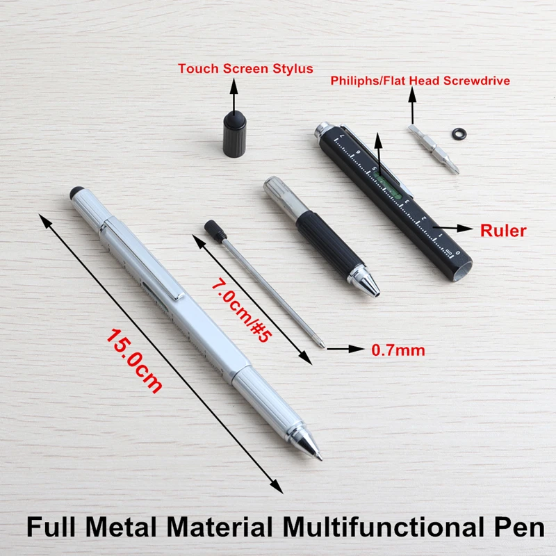 Multifunction Pen Metal Tool Ballpoint Pens Screwdriver Ruler Spirit Level with a top and scale multifunction 5 in 1 Metal Pen