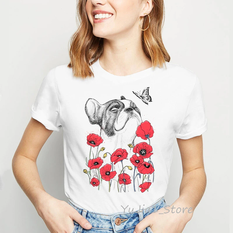 Funny Pug With Poppies Art Print Women Shirts Female Kawaii T Shirt Dog Lover Clothes Camisas Mujer Tops Tees Drop Shipping