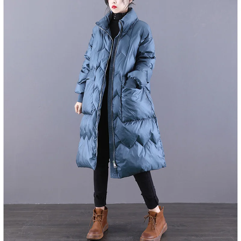 

2021 Winter New Long Solid Color Korean Down Jacket Vintage Thicken Women Warm White Duck Down Coats Female Loose Down Outerwear