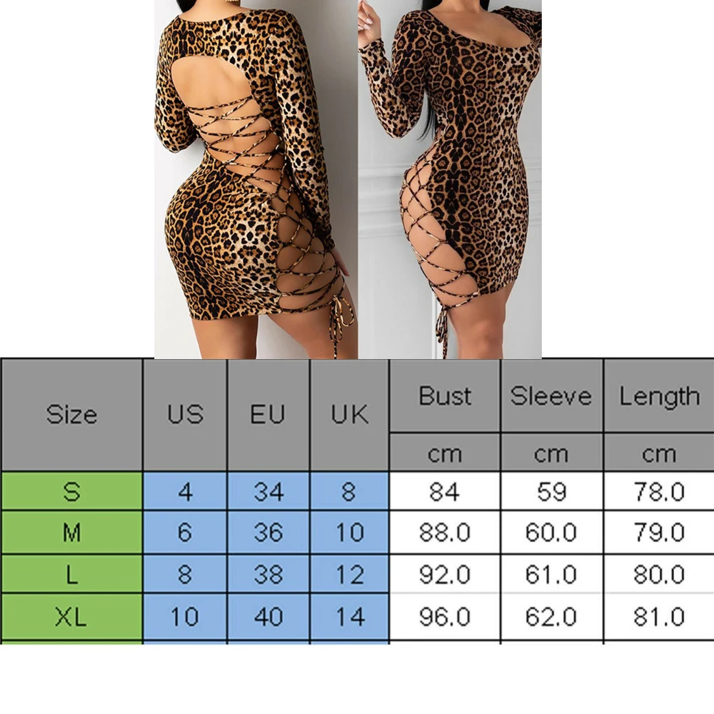 Women Sexy Leopard Mini Dress Long Sleeve O-Neck Backless Skinny Stretch Short Dresses Night Club Sex Wear