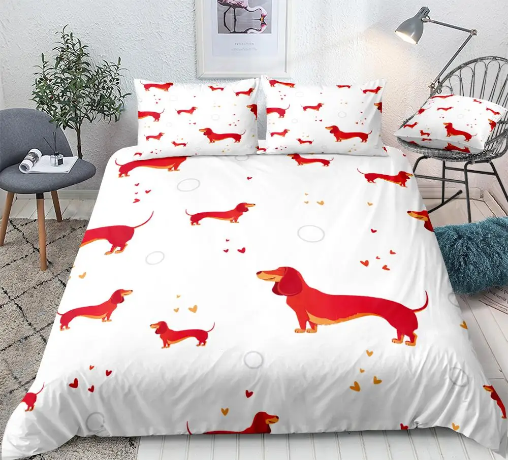 

Red Dog Duvet Cover Set Cartoon Dachshund Bedding Kids Boys Girls Heart Sausage Dog Quilt Cover White Queen Bed Set Dropship