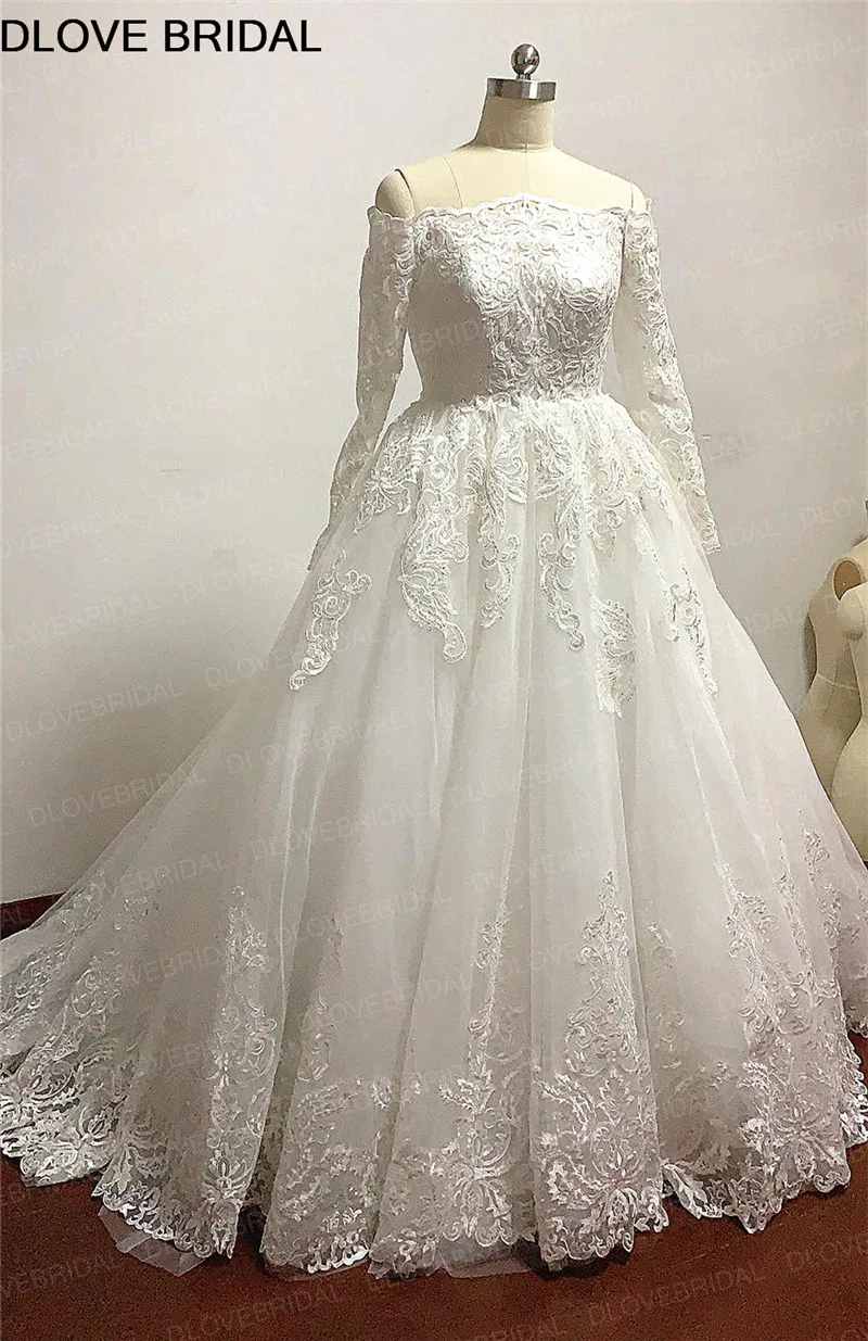 Elegante Lange Mouwen Baljurk Trouwjurk Lovertjes Kant Uit de Schouder Bruidsjurk Vestido De Noiva Hoge Kwaliteit Real foto's