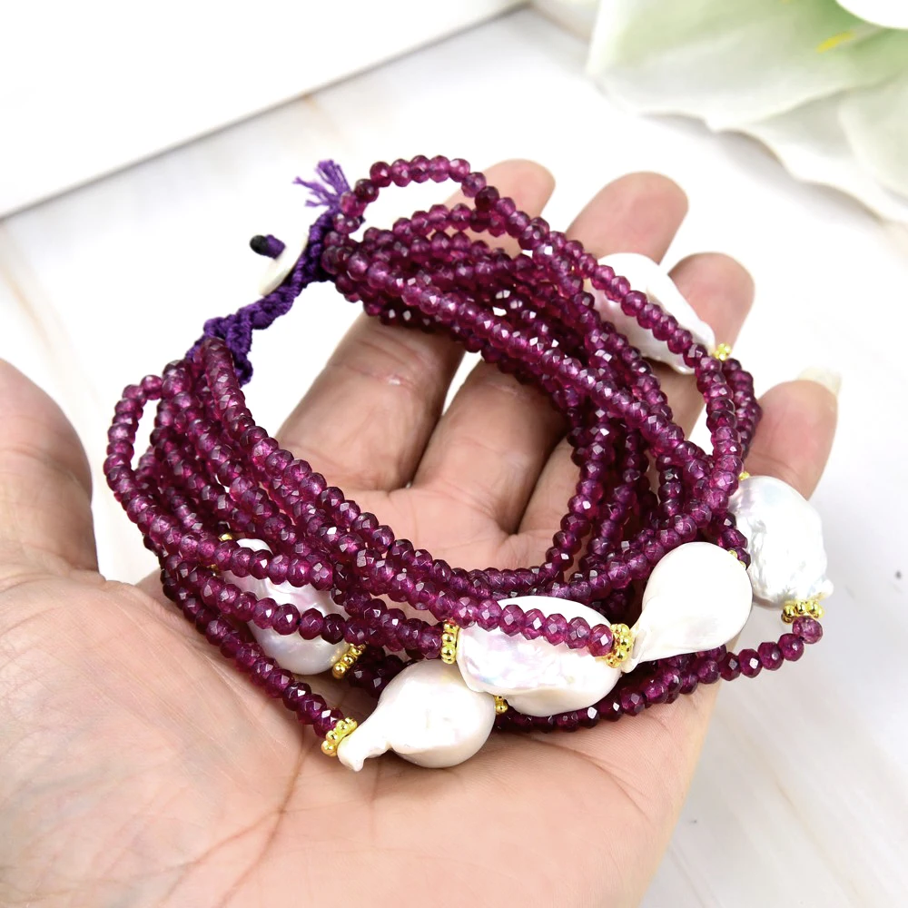 10 Strands 18MM White Keshi Pearl Purple Faceted Jade Stone Bracelet