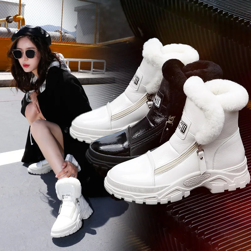 

Winter Boots Women Snow Boots New Style 2019 Fashion Thick Bottom Women's Genuine Leather Warm Plush Boot Female Mid-Calf Shoes9