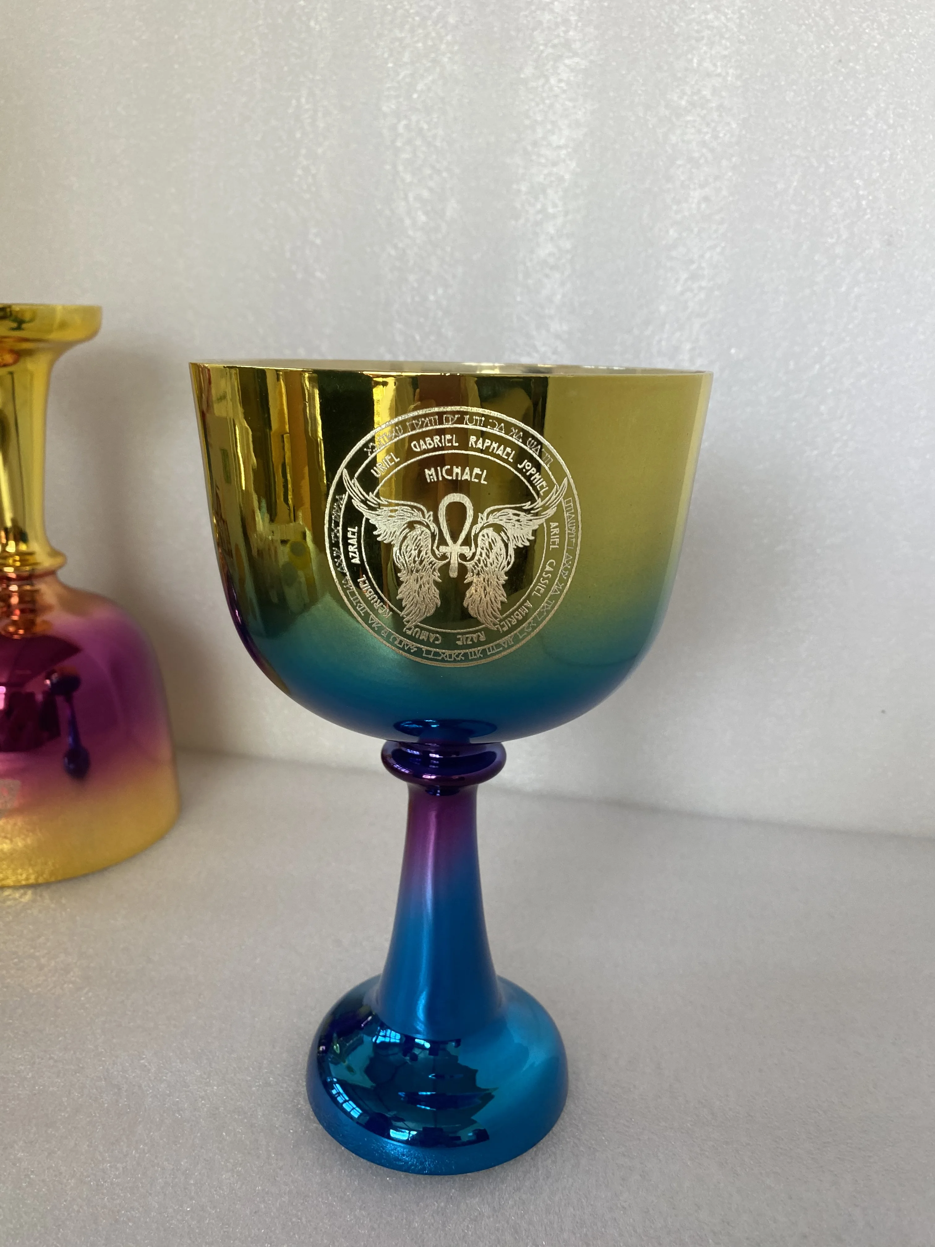 4th octave A note perfect pitch third eye chakra shinny mixed color chalice with engraving 432Hz for sound healing view 2