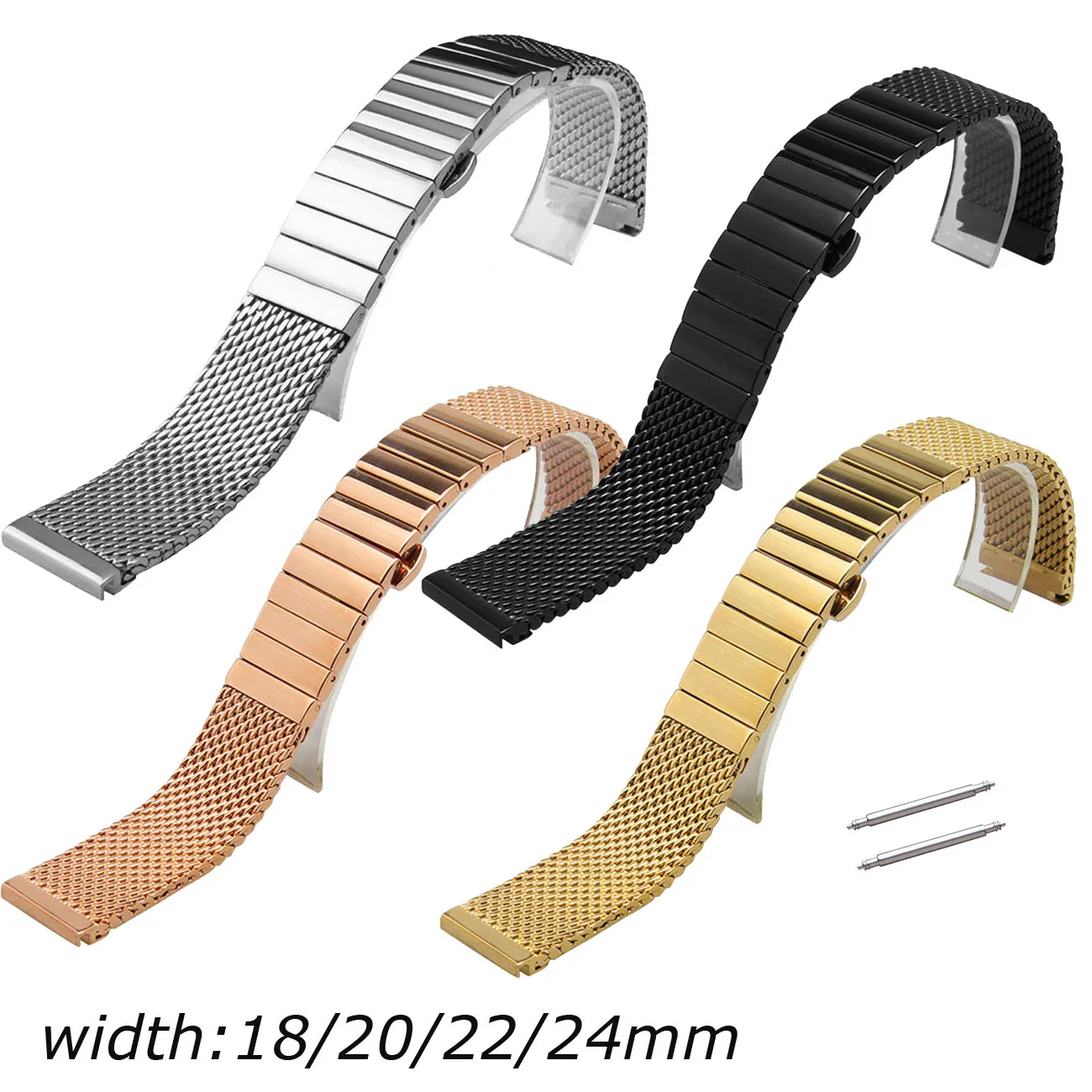 Solid Stainless Steel ML Butterfly Buckle Watch Band Single Link Watch Straps 18mm 20mm 22mm 24mm Band w Pins