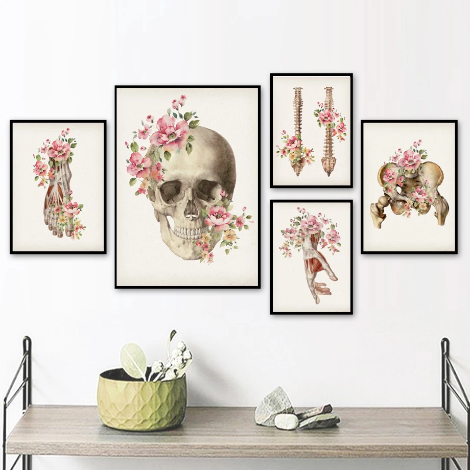 

Flowers Bone Anatomy Skull Hand Foot Leg Wall Art Canvas Painting Nordic Poster And Prints Wall Pictures For Doctors Room Decor