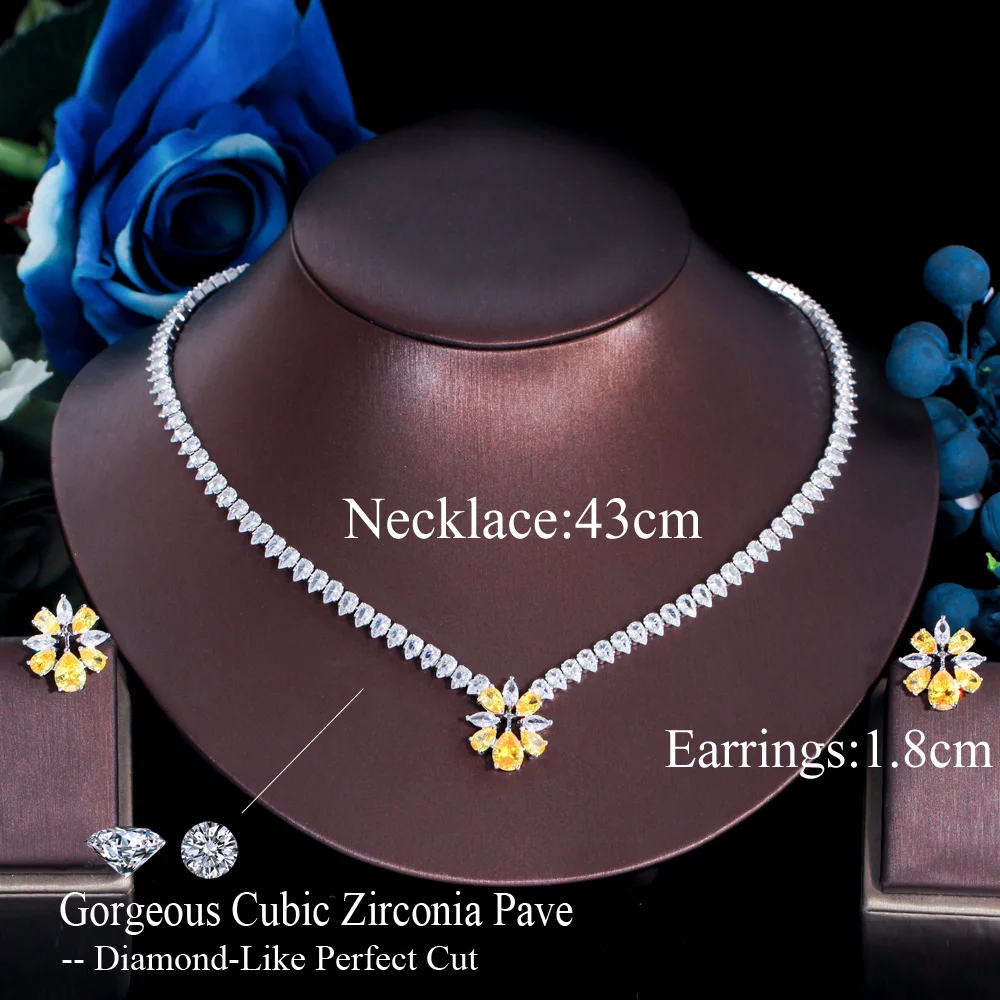 CWWZircons Glänzendes Gelbes CZ Damen Party Verlobungs- und Hochzeitsschmuckset mit Blumen-Halskette und Ohrringen, Brautjungfern-Geschenk, Großhandel T0792 – Detail 2