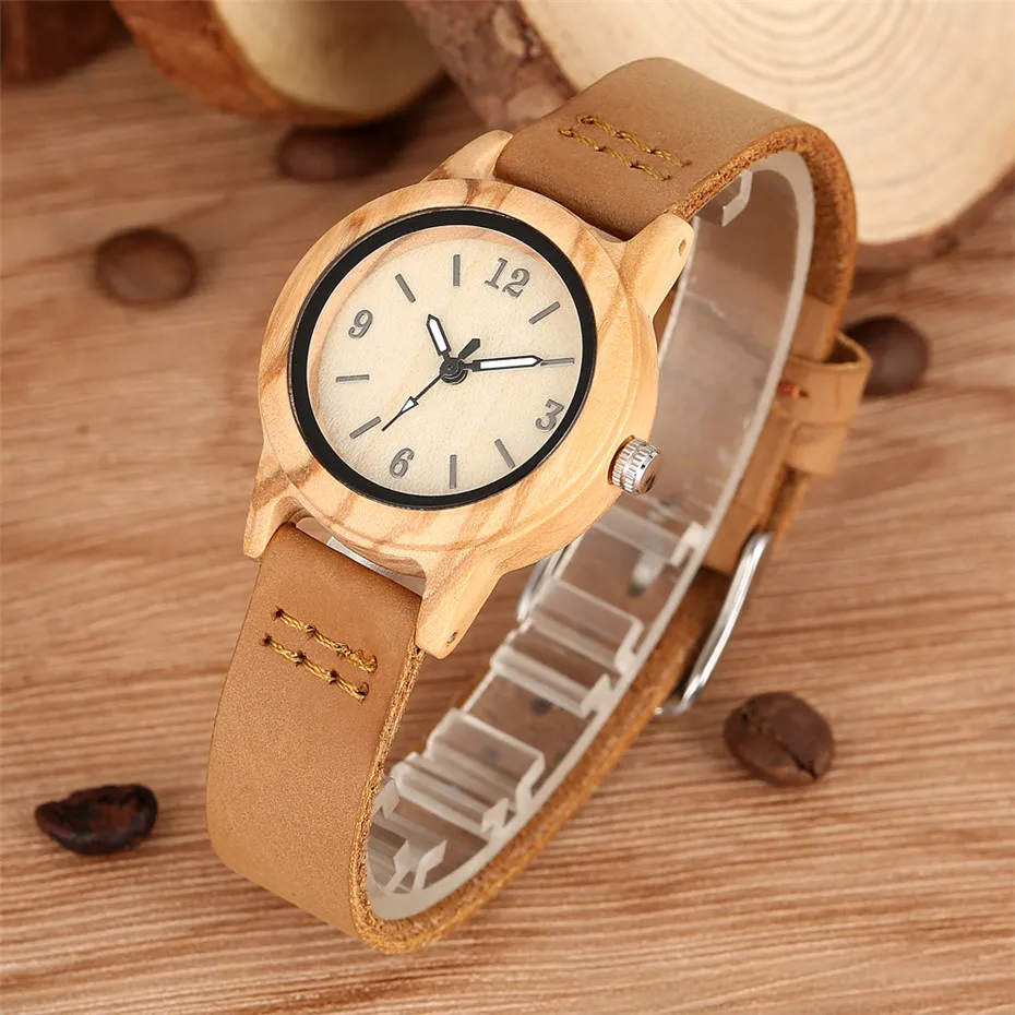 Brown Genuine Leather Wooden Watch for Lady Elegant Women\'s Watch Luxury Wooden Quartz Timepiece New Arrival 2019 reloj femenino