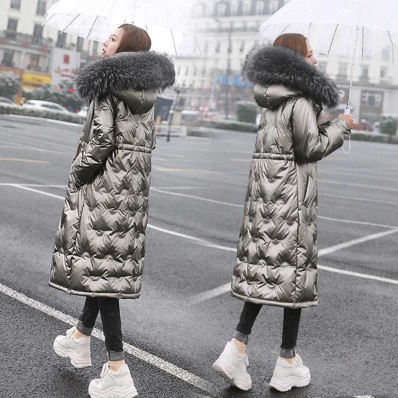 Real Raccoon Fur Collar Down Coats Long Winter Warm White Duck Down Jacket Parka Womens Glossy Down Coat Winter Hooded Overcoat