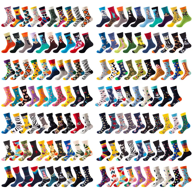 Qisin 10pairs Combed Cotton Fashion Hip Hop Man Socks Harajuku Fruit Skateboard Oil Painting Animal Happy Socks Funny Sokken