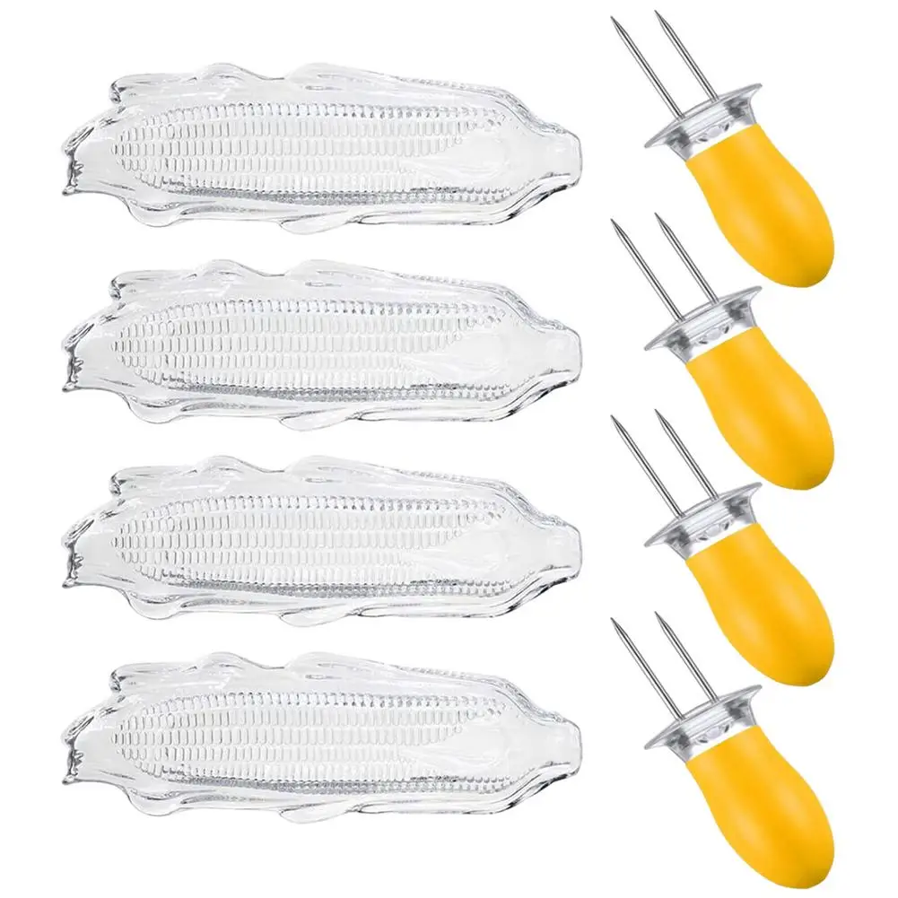 4pcs Corn Tray And 4pcs Corn Cob Holder Set Barbecue Tools Transparent Plastic Dish Grilling Fork With Anti-scald Corn Holder