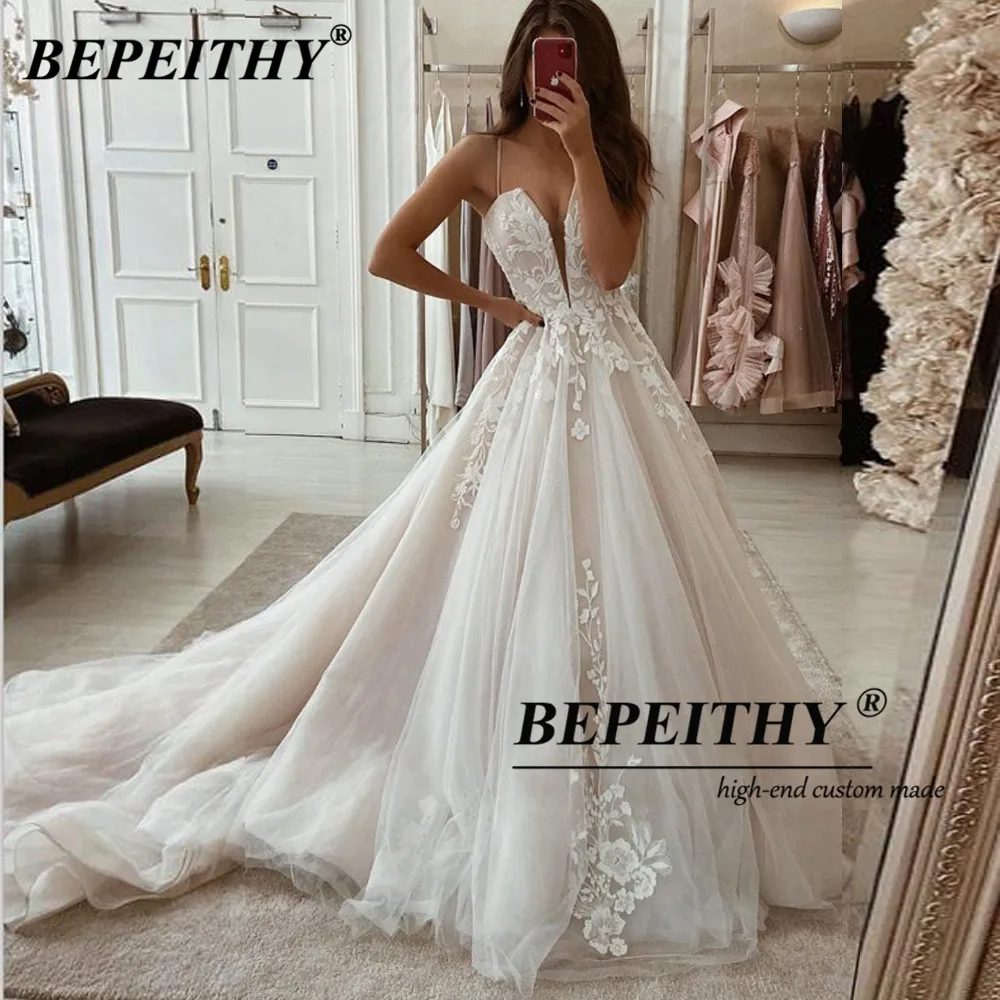 Bepeithy vestido de casamento personalizado, decote em v profundo, vestidos de casamento para mulheres, alças espaguete, sexy, novia, 2022