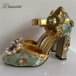 Diamond Rivet Decor High Heel Party Shoes Woman Embroidery Satin Round Toe Side Fretwork Rhinestone Women Pumps