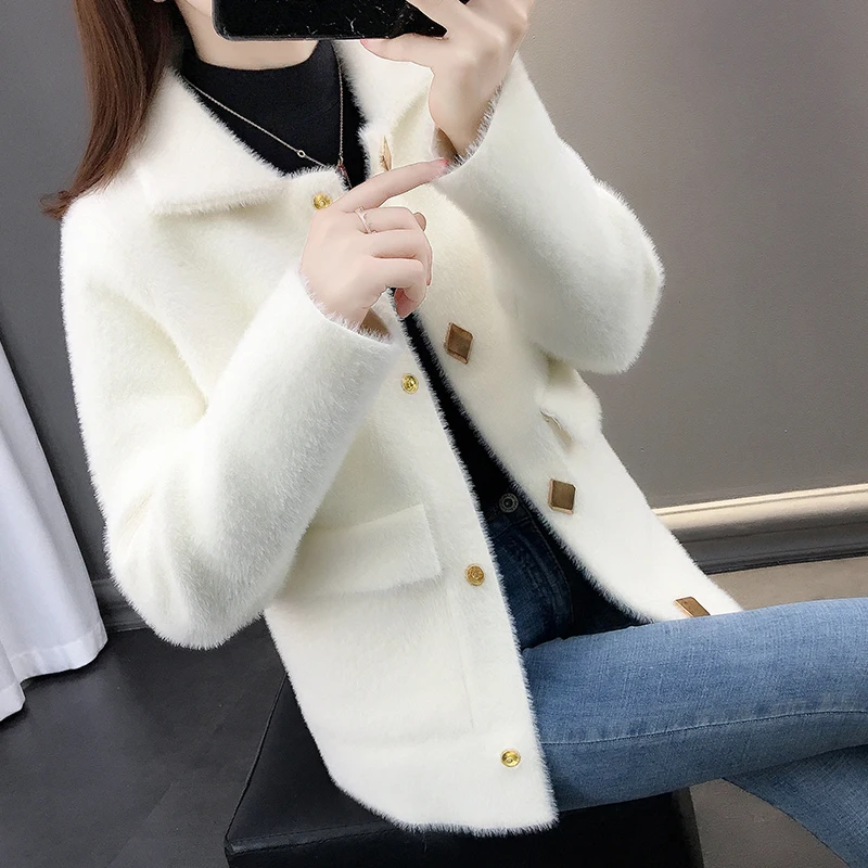 Boutique Khoác Áo Khoác Nữ 2020 Mới Hàn Quốc Nữ Ngắn Lông Chồn Nhung Rời Áo Len Nữ Dệt Kim Cardigan Áo Liền Quần