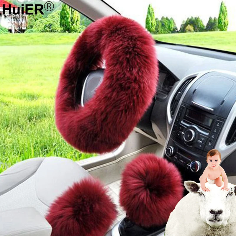 HuiER 3pcs/set Winter Car Steering-wheel Cover 7 Colors Long Australian Wool Heated Fur Genuine Leather Steering Wheel Cover