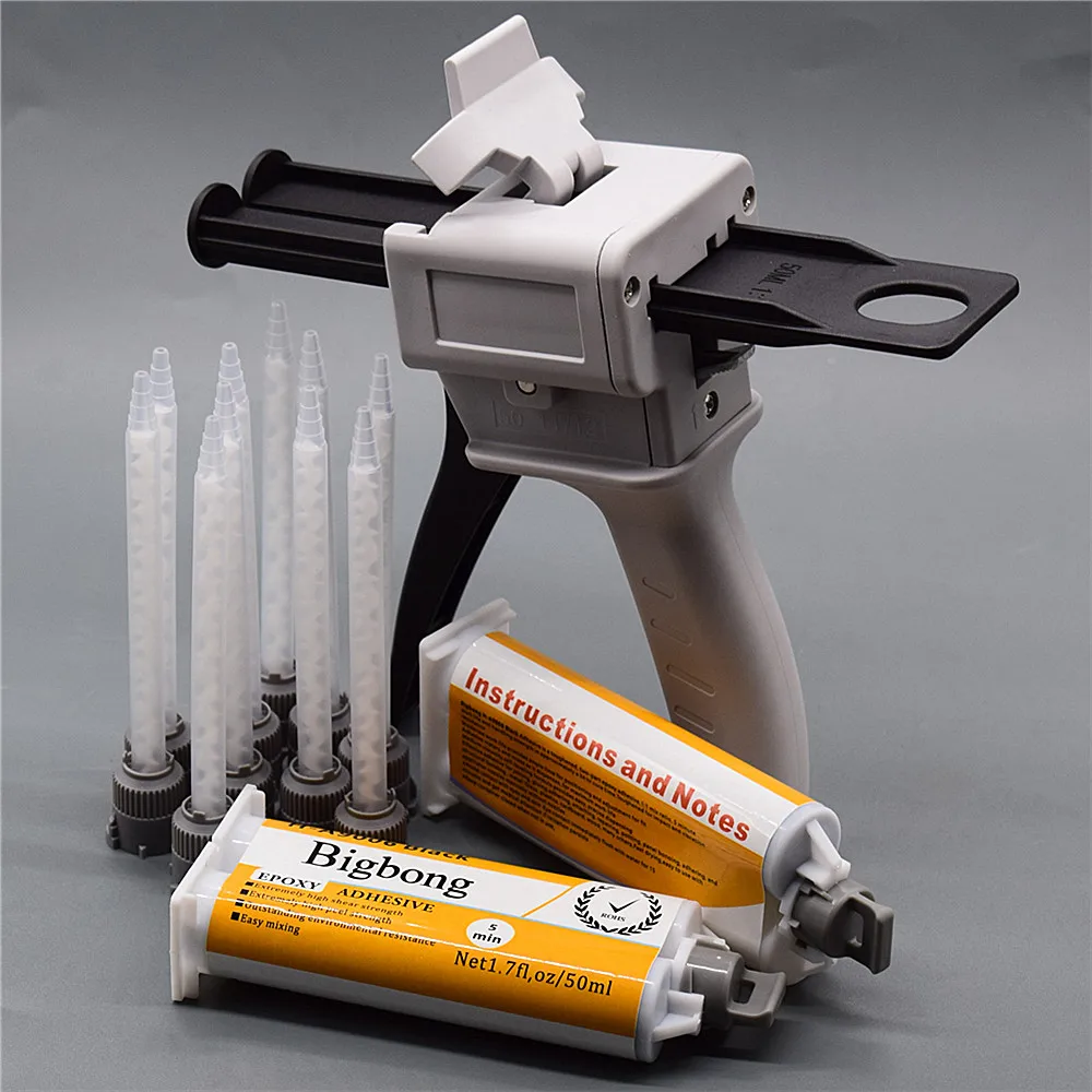 50ml pistola per colla 1:1 pistola per calafataggio manuale con 10 pezzi 1:1 ugelli di miscelazione statici e 2 pezzi di colla AB nera 50ml 1:1 adesivi per colla epossidica