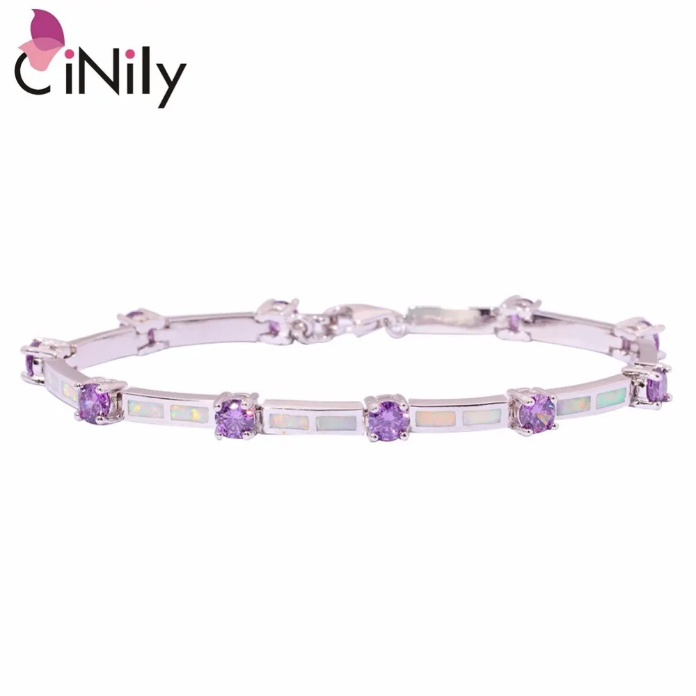 

CiNily Created White Fire Opal Purple Stone Silver Plated Wholesale Hot Sell Jewelry for Women Chain Bracelet 7 1/4" OS437