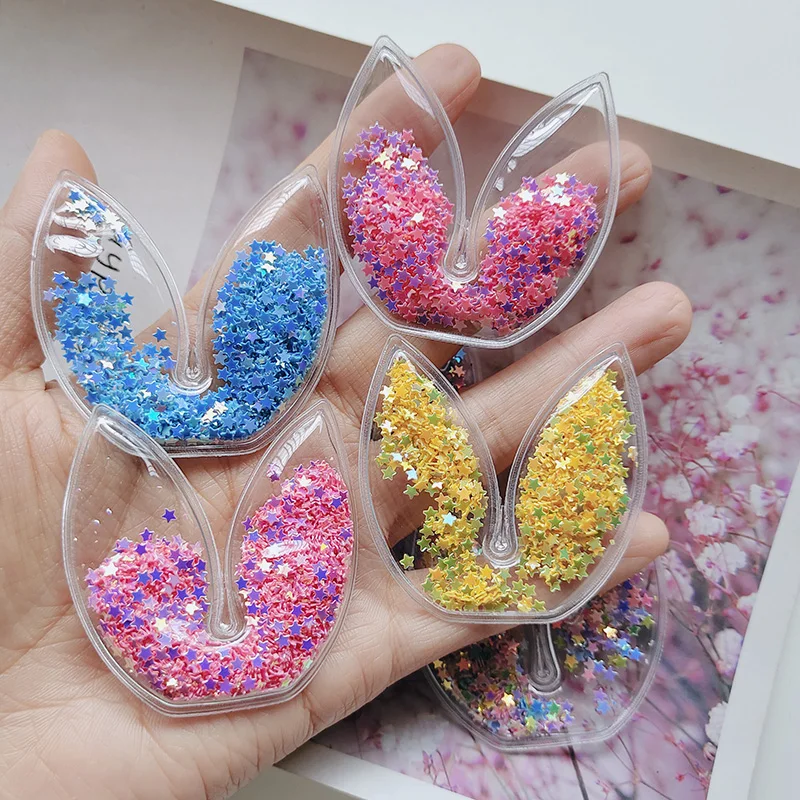 20pcs DIY flat back Quicksand Bunny ear  Glitter Clear PVC Bow  for kids hair clip cover ornaments