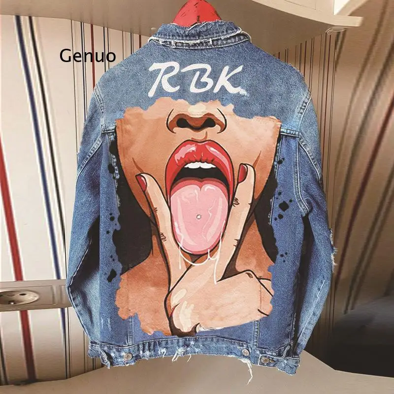 Vintage Harajuku Loose Denim Coat 2021 Women Designer Denim Jacket Loose Print Single-Breasted Turn-Down Collar Female Jacket