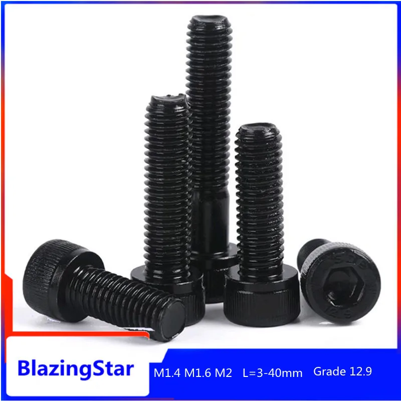 5/10/20PCS M1.4 M1.6 M2เกรด12.9 Hexagon Hex ซ็อกเก็ตหัวหมวกอัลเลน Bolt สกรู L = 3-40มม.