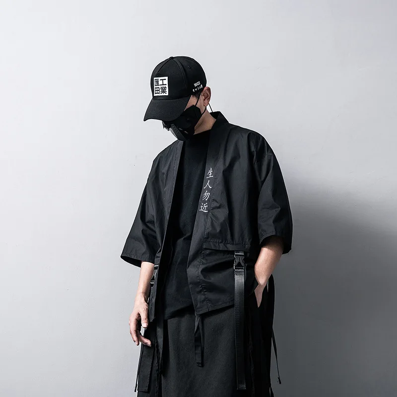 Harajuku otwarte ściegi kurtki kimono mężczyźni Hip Hop cienki płaszcz wstążka Streetwear mężczyzna 2024 moda jesień męska luźna kurtka