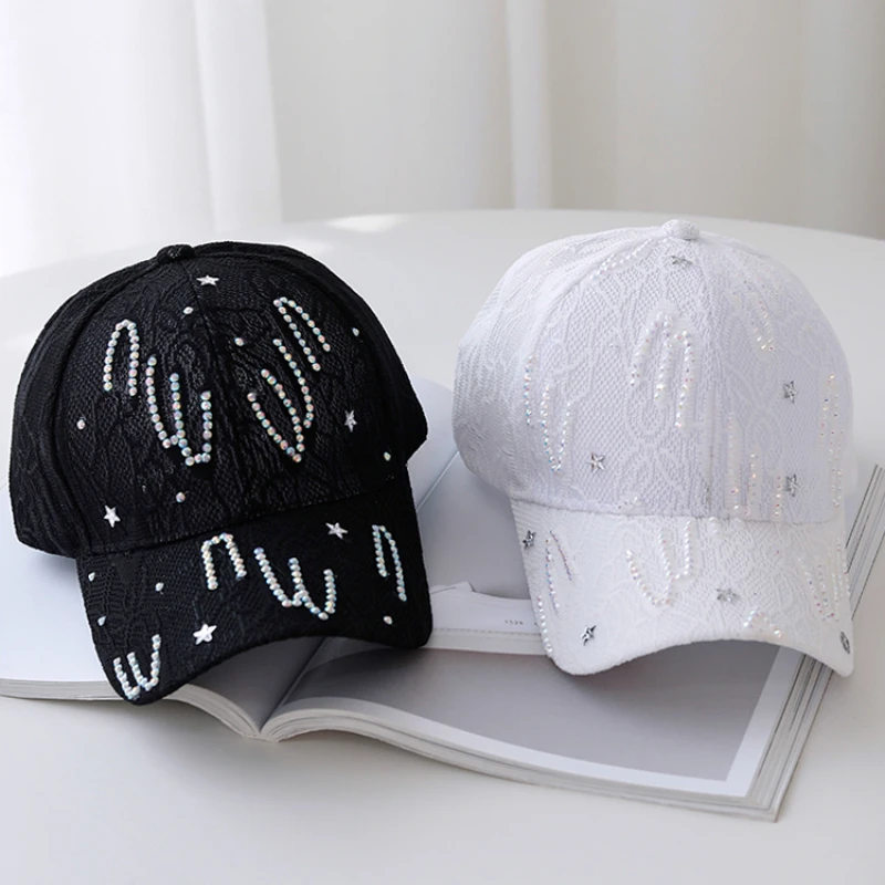 Summer Women\'s Hat Korean Fashion Wild Rhinestone Outdoor Sunscreen Baseball Caps Ladies Lace Thin Breathable Mesh Cap