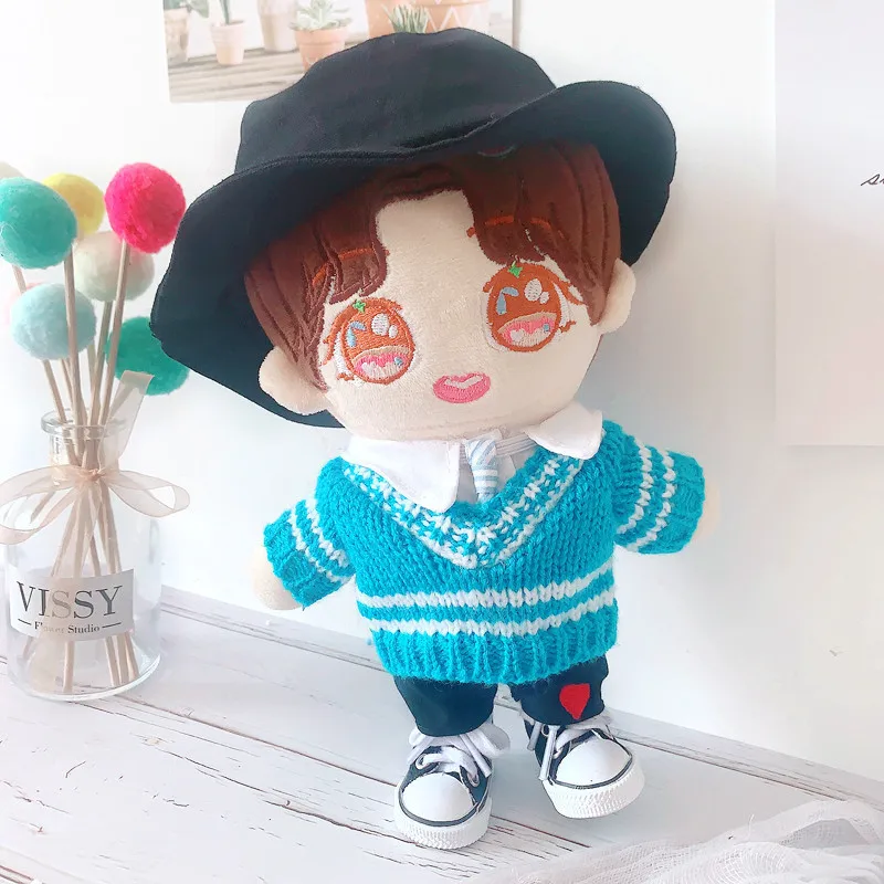 20CM Star EXO idol Doll Baby Clothing Blue sweater Fisherman hat shoes black pants Plush Doll Clothes Accessories toys Gift