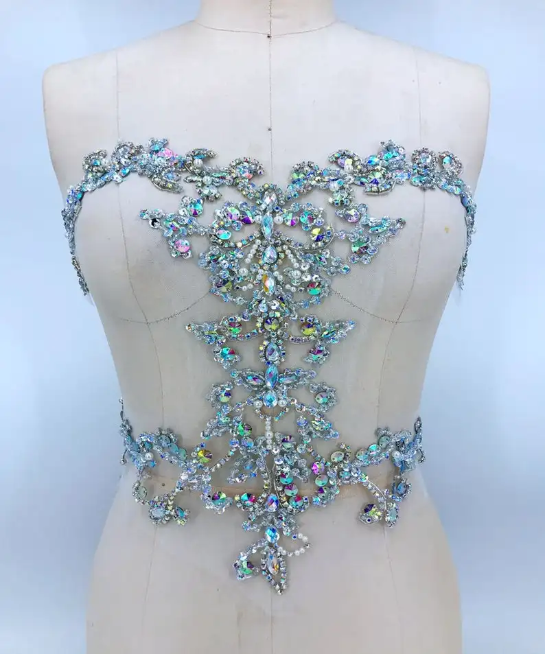 

Beautiful Colorful Rhinestone Beaded Mesh Applique Crystal Bridal Motif Applique Bodice Patches 1 Piece