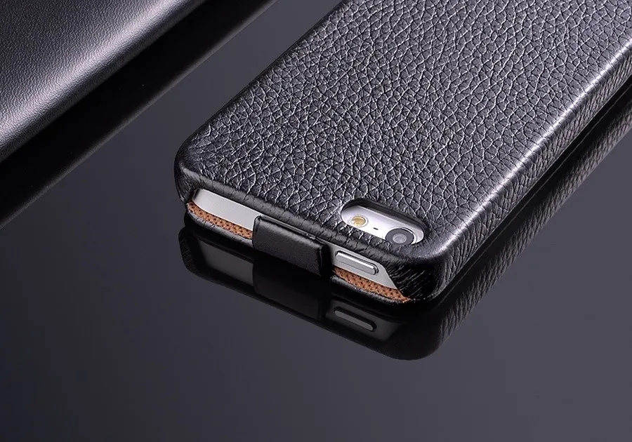 Vertical Flip Cover Case for iPhone 5, 5S, SE，100% Genuine Leather, Original Litchi Chinensis Grain, Top Quality, Fashion Brand