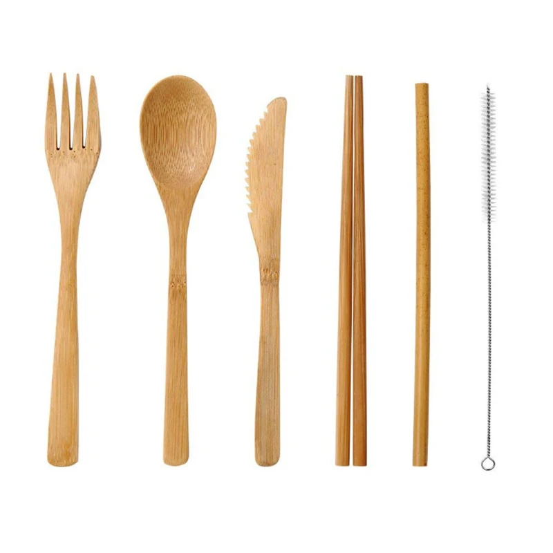 Bamboo Cutlery Set with Cutlery Bag Reusable Wooden Cutlery Fork Spoon Knife Set Tableware Nature bamboo Travel eco friendly 5