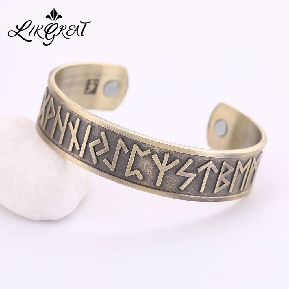 LIKGREAT Vintage Nordic Rune Open Cuff Bracelet Magnetic Therapy Bangle Women Men Antique  Copper Jewely Bijoux