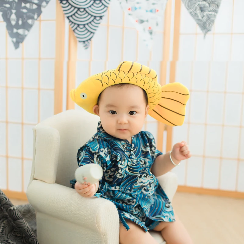 Japanese Children\'s Kimono 100 Days Old Shooting Props Creative Wave Pattern Pajamas Kimono Boys Casual Sleepwear For Gift LB835