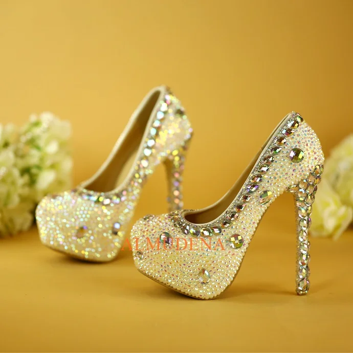 Round Toe Stiletto Platform Super High Heels Rhinestone Crystal Wedding Bridal Pumps Women's Spring Sexy New Stylish Shoes