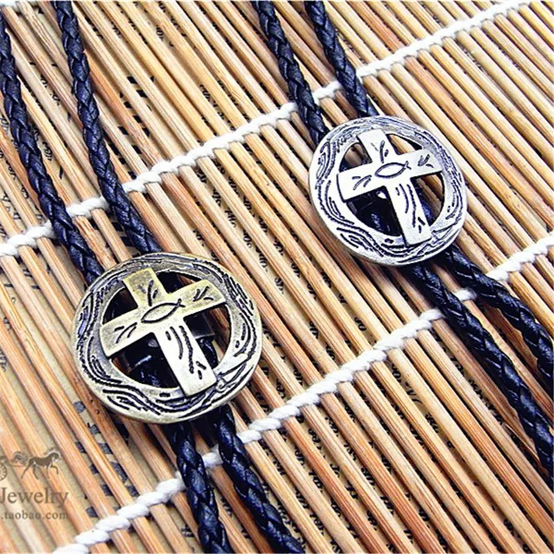 

Bolo tie Retro shirt chain Poirot led rope leather circle cross necklace Long tie hang