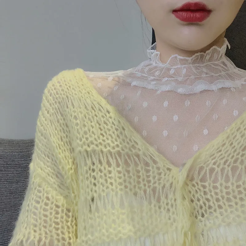 Polka Dot Sexy Sheer Mesh Top Women Spring Autumn Turtleneck Flare Sleeve Lace Blouse Korean Elegant Ladies Black White Top