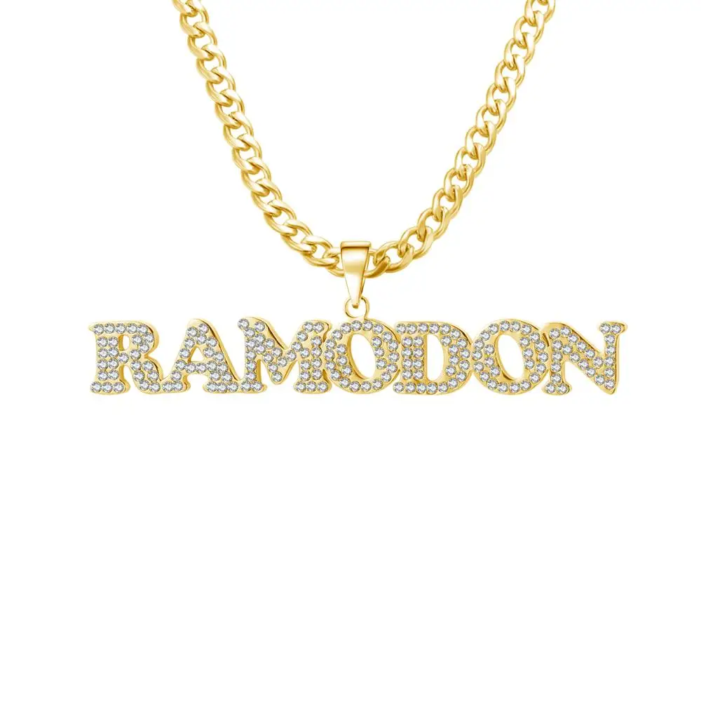 

Custom Iced Out Gold Name Necklace Stainless Steel Diamond Letter Pendant Cuban Chain Personalized Hip Hop Jewelry Birthday Gift