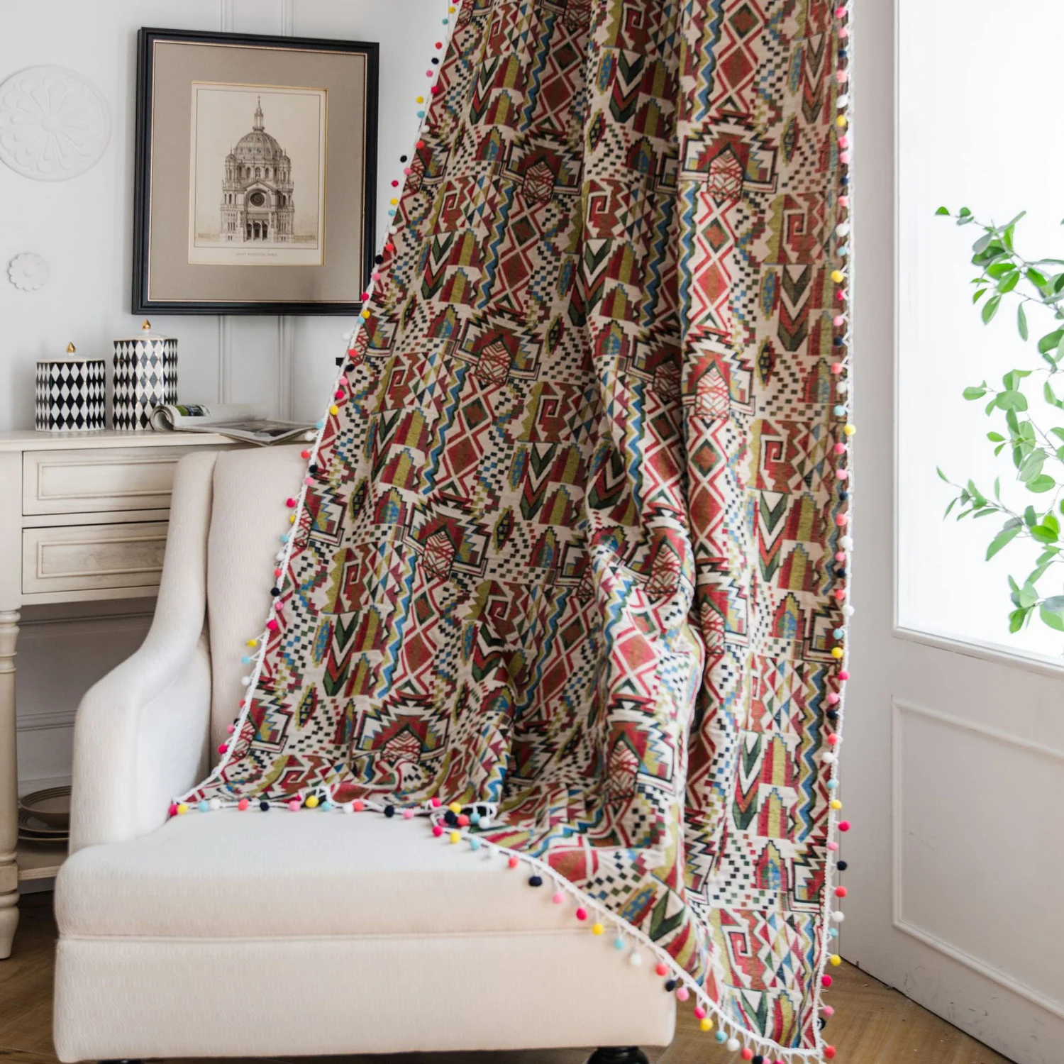 Cotton Curtain Panel with Tassels for Living Room Bedroom Window Door Home Decoration Bohemian Badge Design 80% Blackout