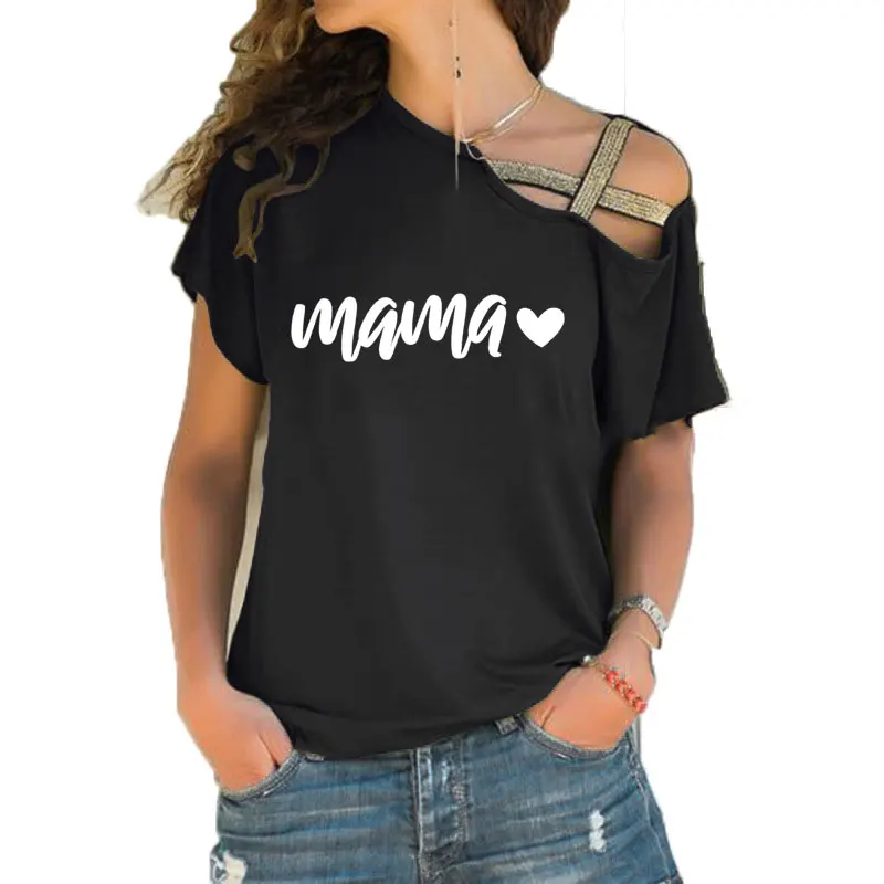 2020 New Summer Hararuku Mama Print girl T Shirt Women Short Sleeve T-shirt Irregular Skew Cross Bandage Tee Tops