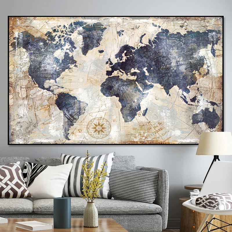 

SELFLESSLY ART-Vintage World Map Canvas Painting, Wall Pictures, Living Room Posters and Prints, Modern Art, Home Wall Decor